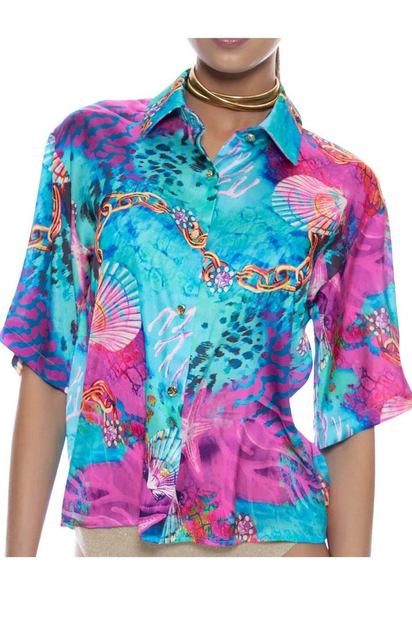 Luli Fama Treasure Collared 3/4 Sleeve Button Up Shirt